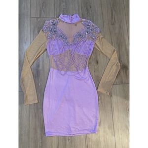 Women's Bodycon Embellished Beaded Long Sleeve Cocktail Dress Small